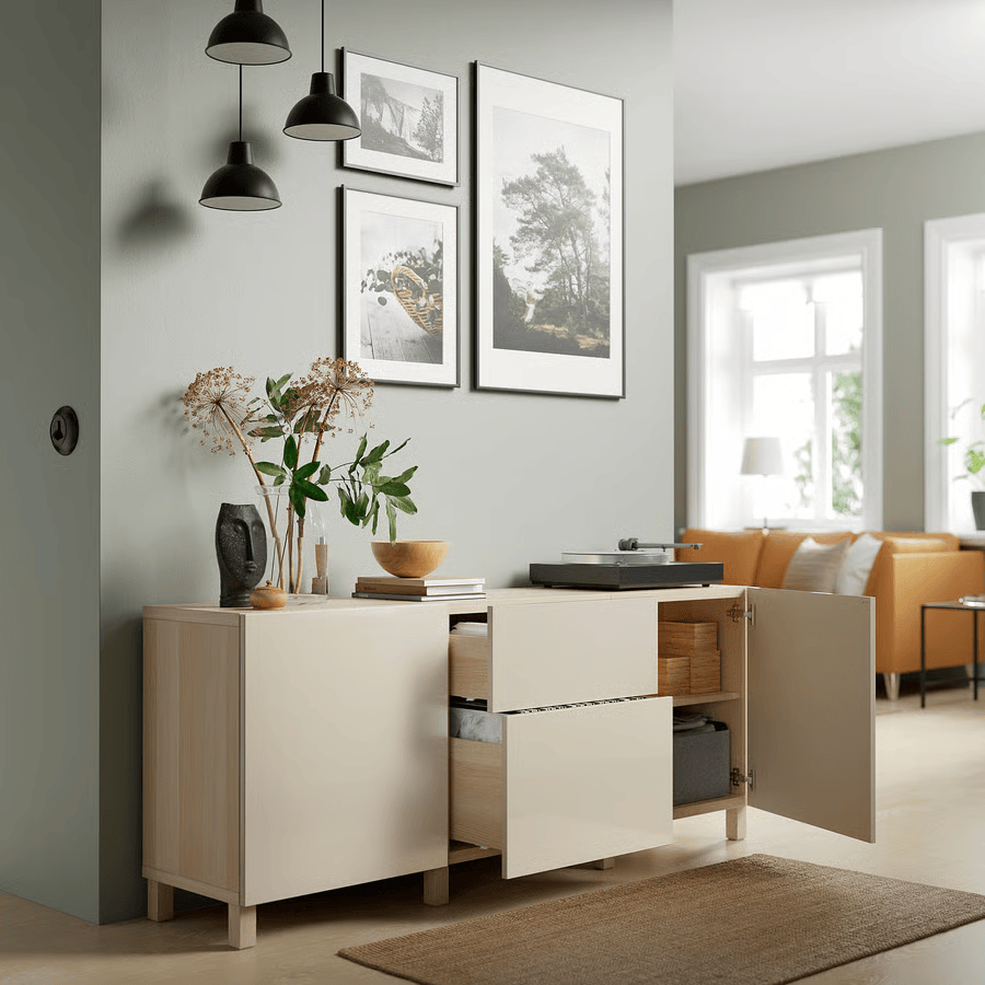BESTA Storage combination with drawers, white stained oak/high-gloss/beige, 180x42x74 cm
