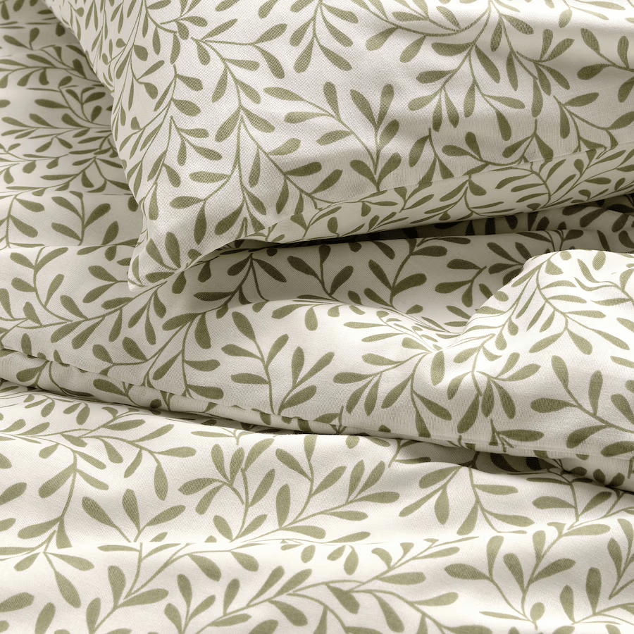 SORGMANTEL duvet cover and 2 pillowcases, white/green, 200x200/50x80 cm