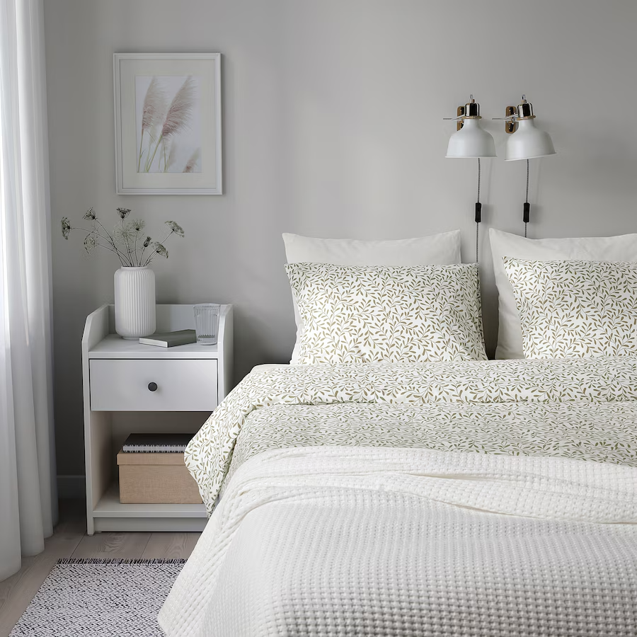 SORGMANTEL duvet cover and 2 pillowcases, white/green, 200x200/50x80 cm