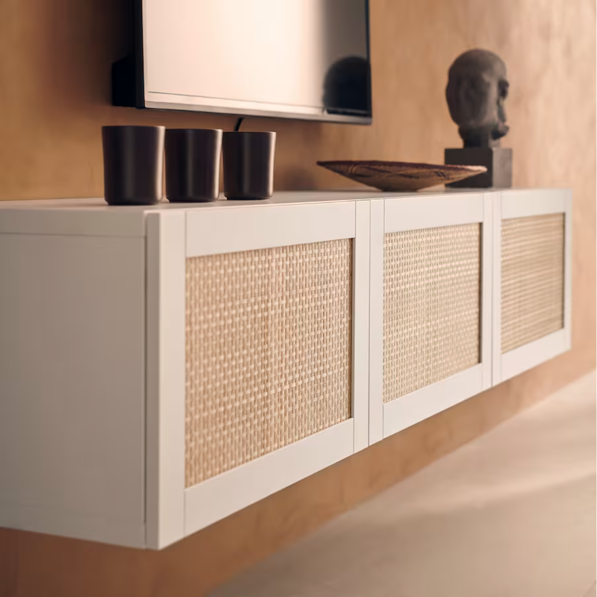 BESTA TV bench with doors, white/Studsviken