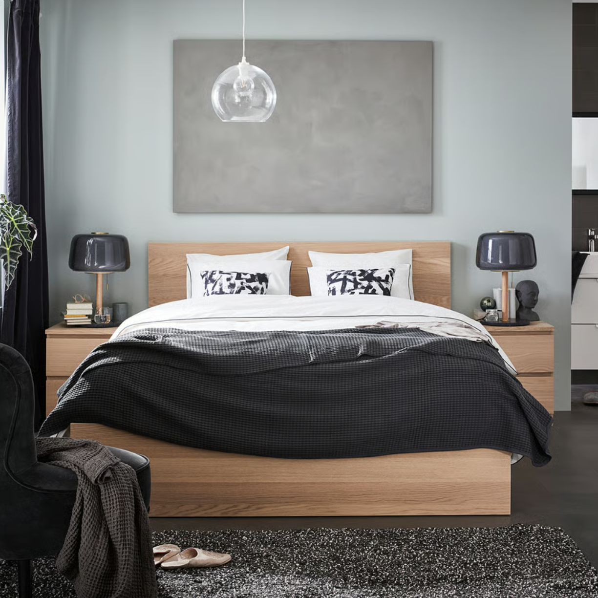 MALM Bed frame, high, white stained oak veneer/Luröy, 180x200 cm