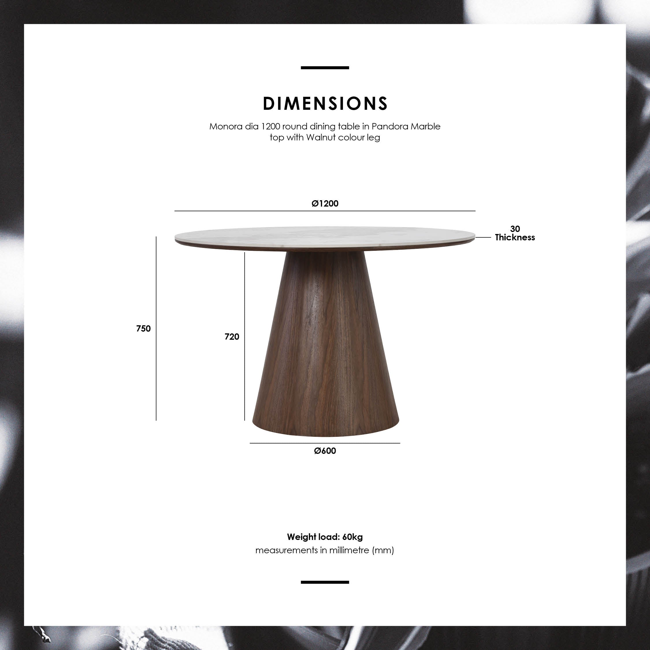 MONORA dining table, walnut/marble top, 120 cm