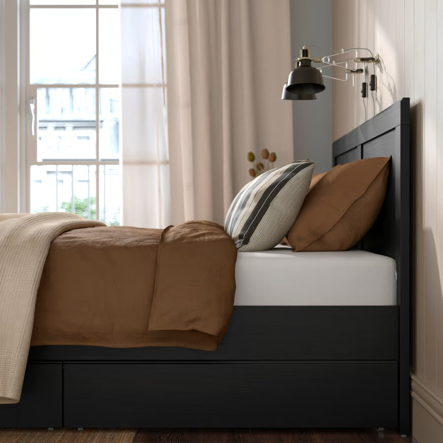 FAGELFJALLET Bed frame with 2 storage boxes, black oak effect, 150x200 cm