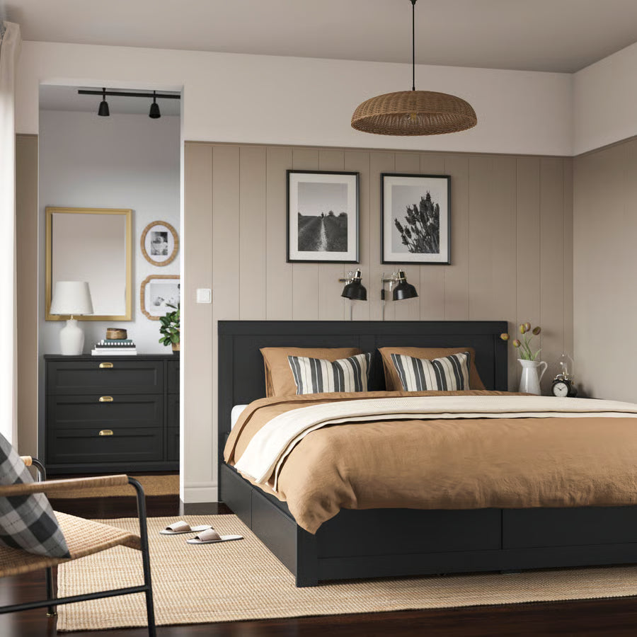 FAGELFJALLET Bed frame with 2 storage boxes, black oak effect, 150x200 cm