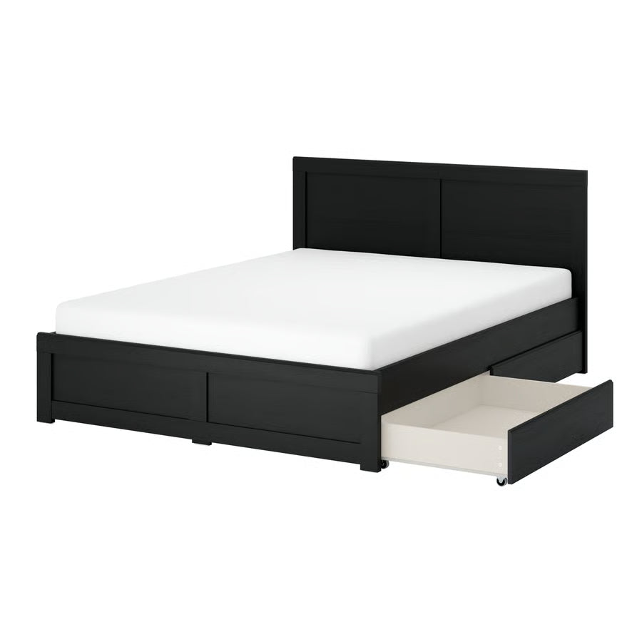 FAGELFJALLET Bed frame with 2 storage boxes, black oak effect, 150x200 cm