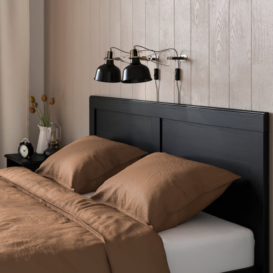 FAGELFJALLET Bed frame with 2 storage boxes, black oak effect, 150x200 cm