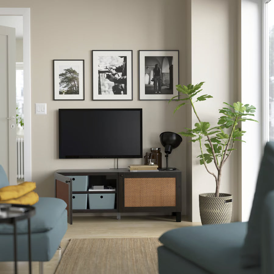 BESTA TV bench, black-brown Studsviken, 120x42x48 cm