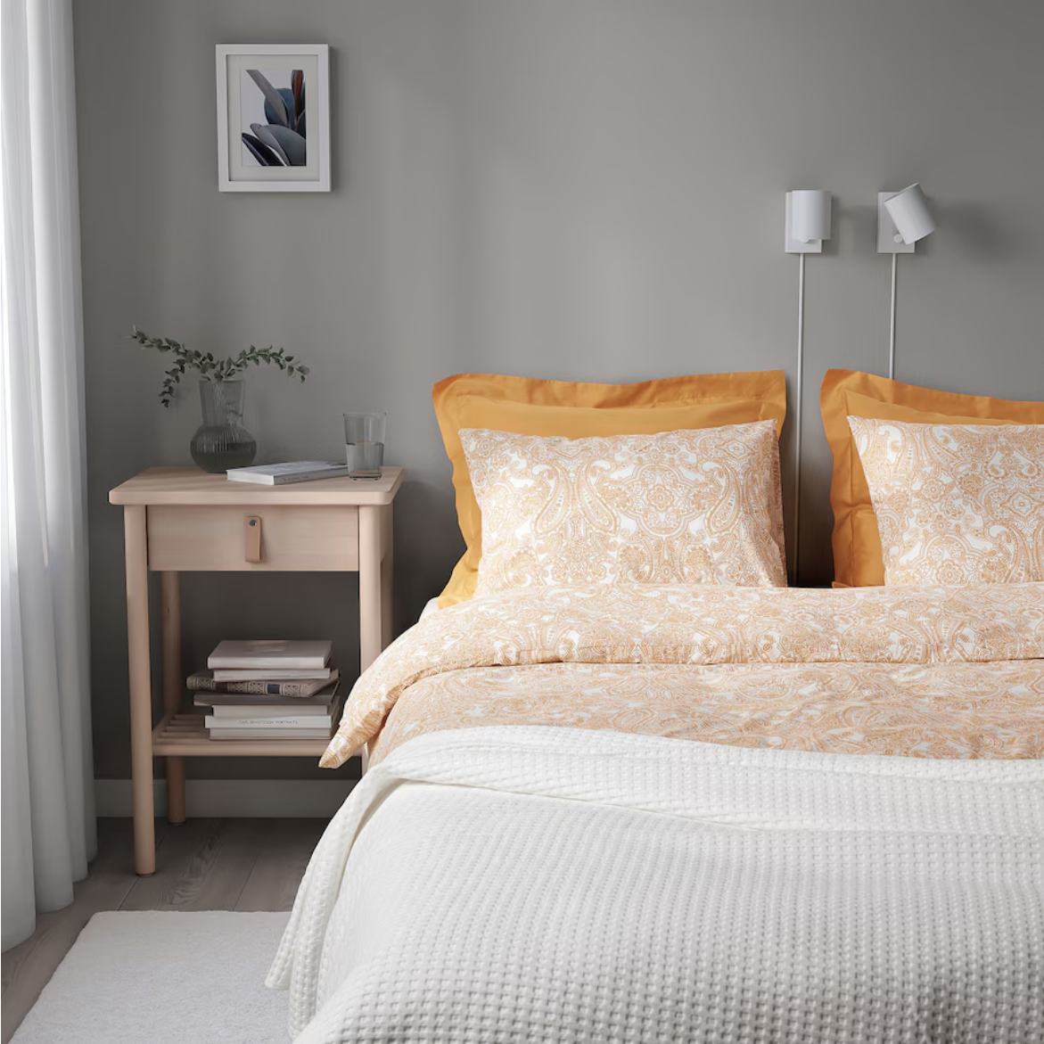 JATTEVALLMO Duvet cover and 2 pillowcases, yellow/white, 200x200/50x80 cm
