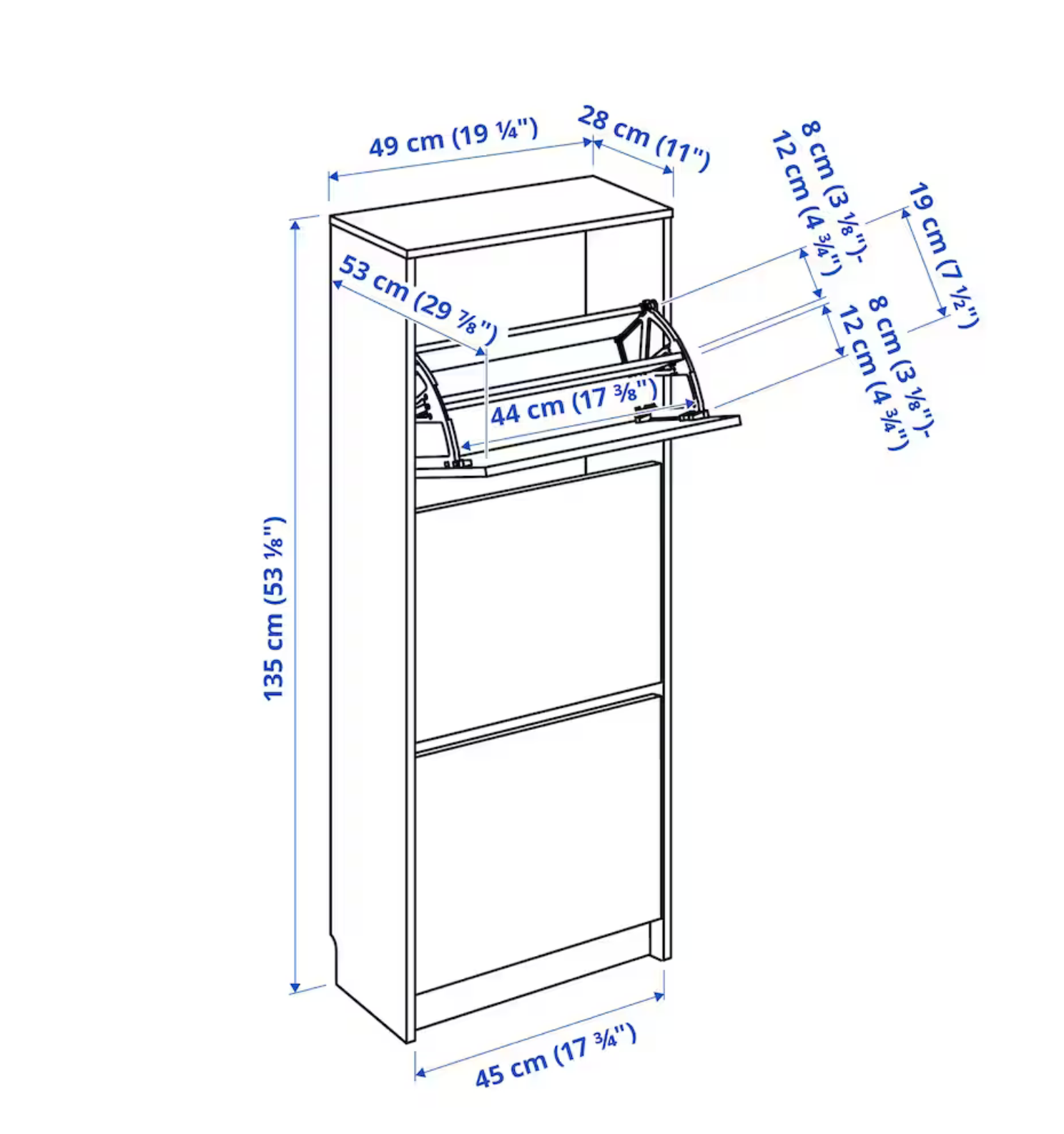 BISSA Shoe cabinet with 3 compartments, white, 49x28x135 cm