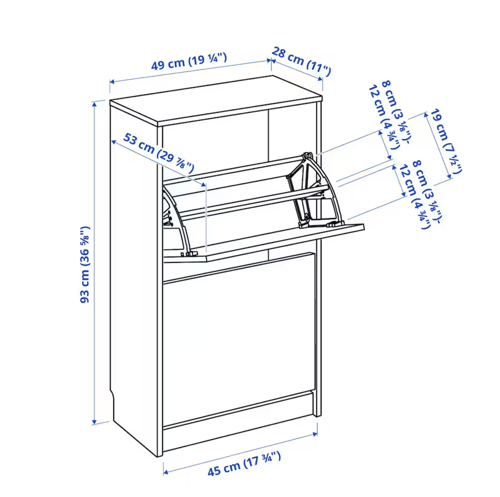 BISSA Shoe cabinet with 2 compartments, white, 49x28x93 cm
