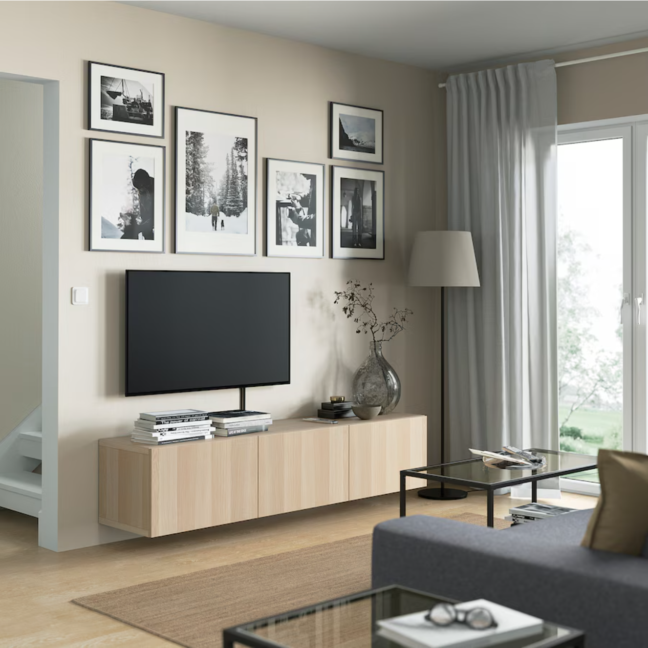 BESTA TV bench with doors, white stained oak effect/Lappviken white stained oak effect, 180x42x38 cm