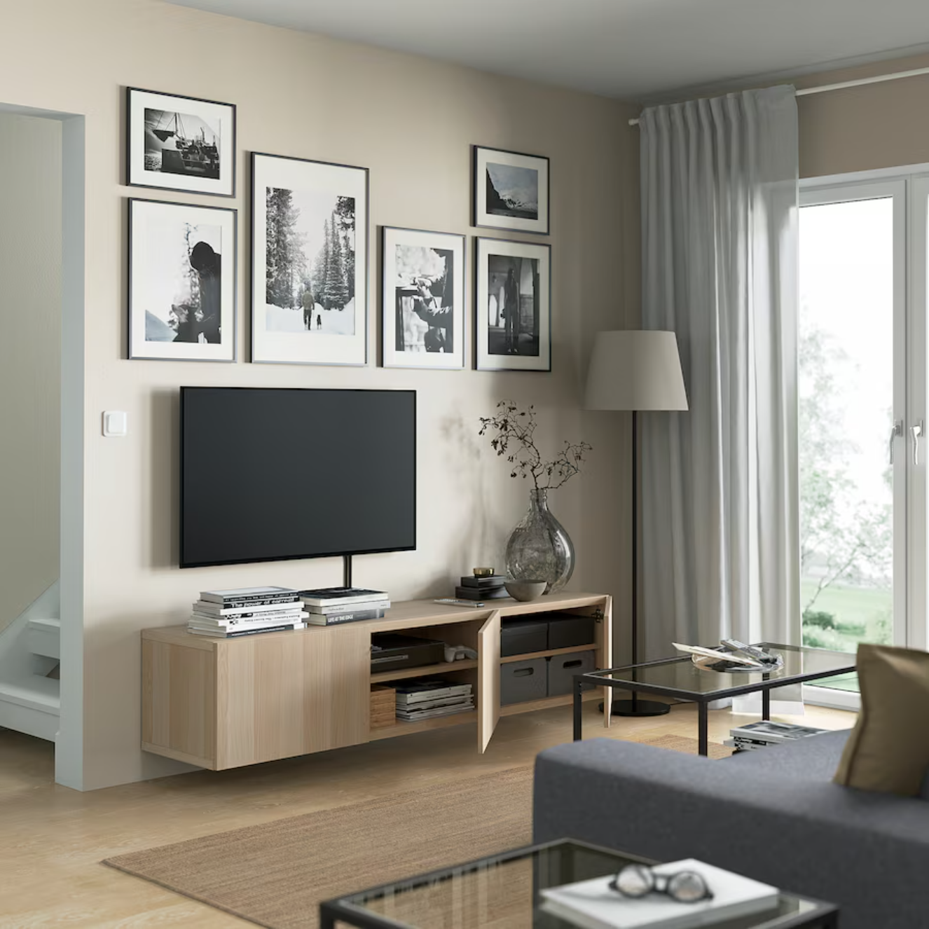 BESTA TV bench with doors, white stained oak effect/Lappviken white stained oak effect, 180x42x38 cm