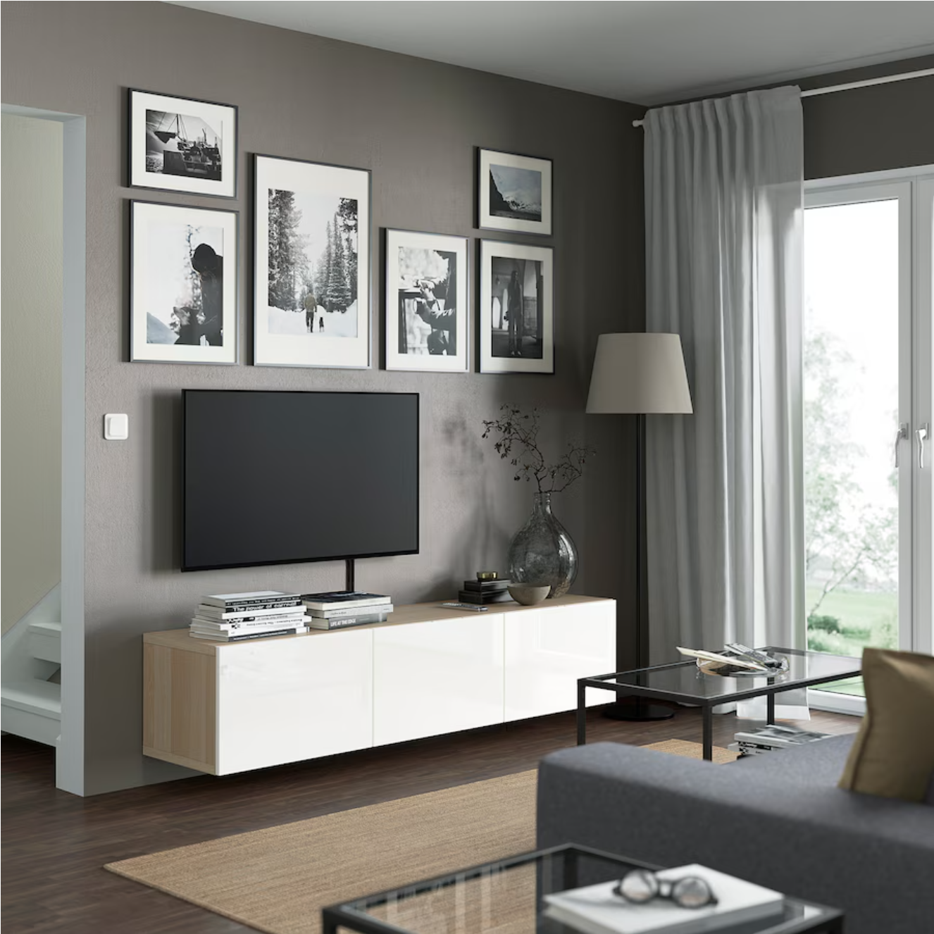 BESTA TV bench with doors, white stained oak effect/Selsviken high-gloss/white, 180x42x38 cm