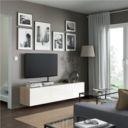BESTA TV bench with doors, white stained oak effect/Selsviken high-gloss/white, 180x42x38 cm