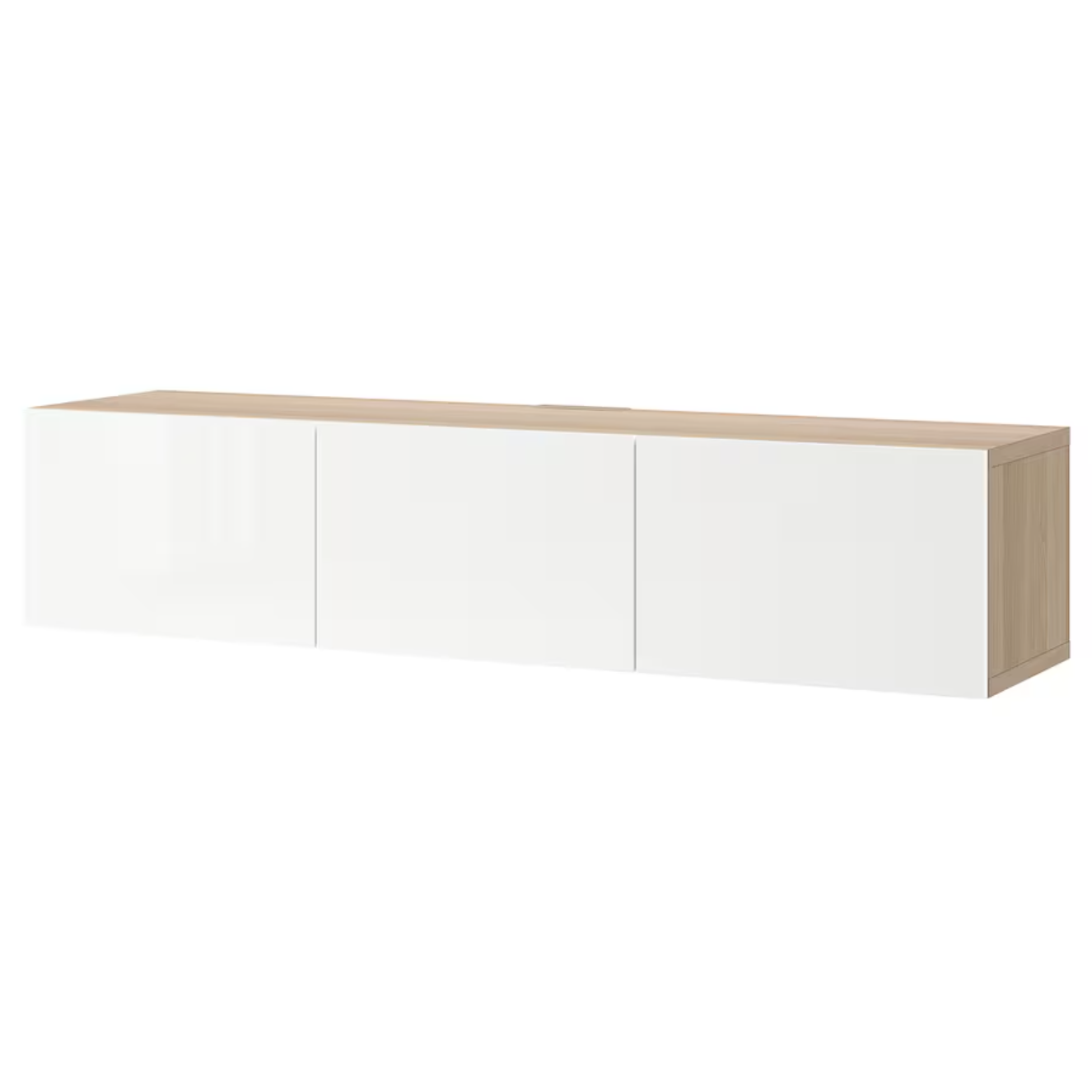 BESTA TV bench with doors, white stained oak effect/Selsviken high-gloss/white, 180x42x38 cm