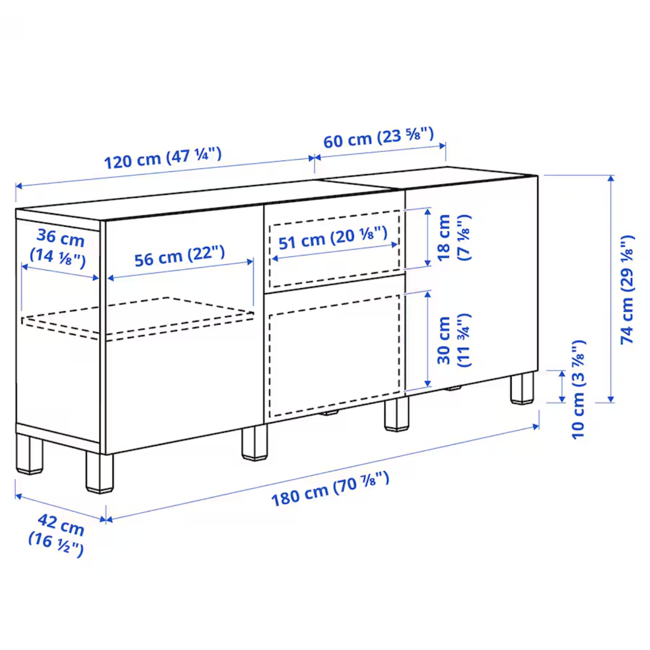 BESTA Storage combination with drawers, white stained oak/high-gloss/beige, 180x42x74 cm