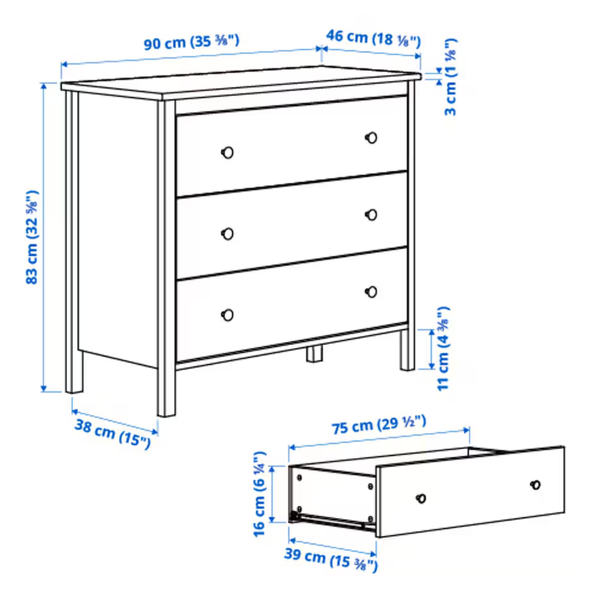 KOPPANG Chest of 3 drawers, white, 90x83 cm