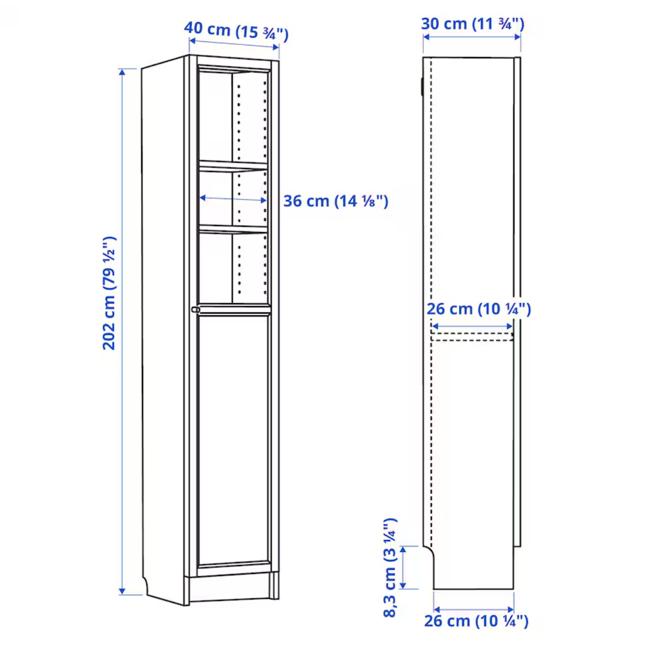 BILLY / OXBERG Bookcase with panel/glass door, brown walnut effect, 40x30x202 cm