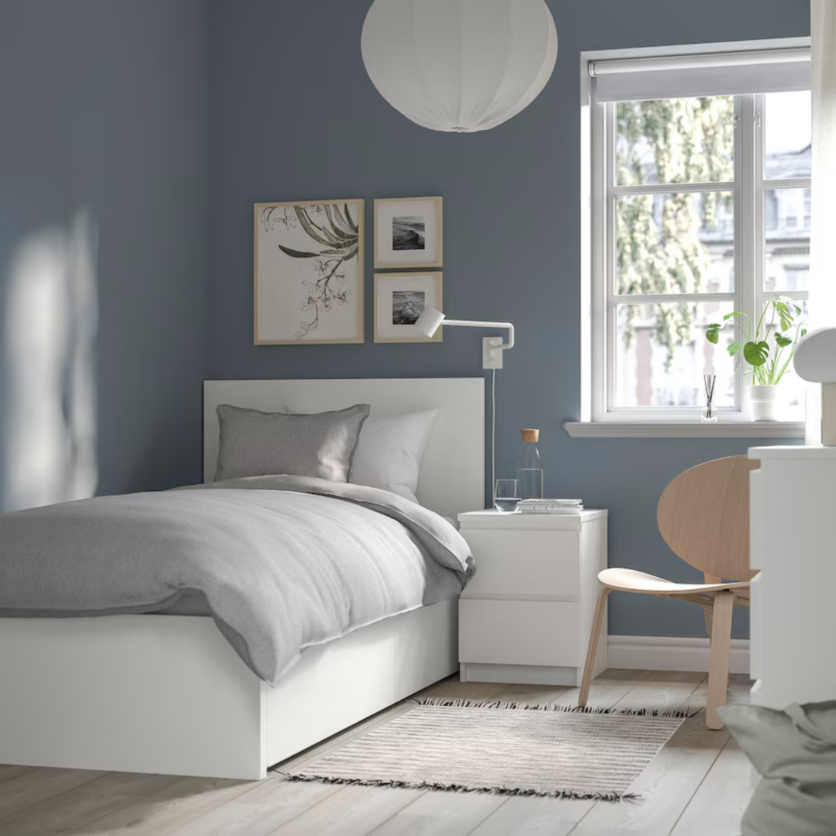 MALM Bed frame, high, w 2 storage boxes, white/Luröy, 90x200 cm