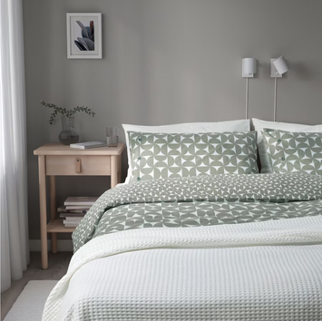 ANGSNEJLIKA Duvet cover and 2 pillowcases, grey/green, 240x220/50x80 cm