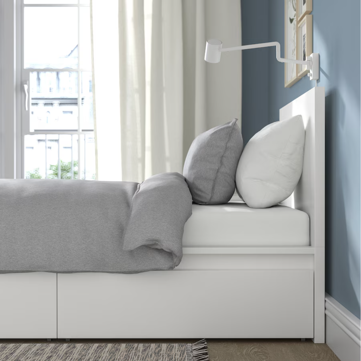MALM Bed frame, high, w 2 storage boxes, white/Luröy, 90x200 cm