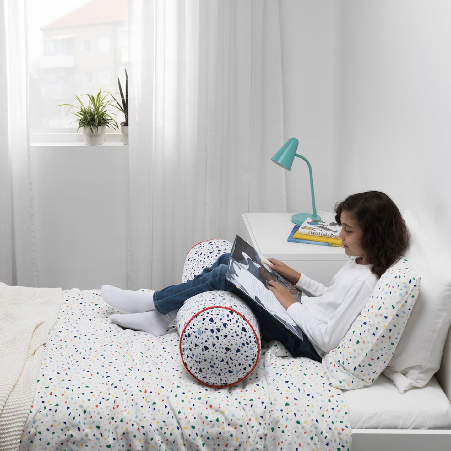 MOJLIGHET Duvet cover and pillowcase, white/mosaic patterned 150x200/50x80 cm