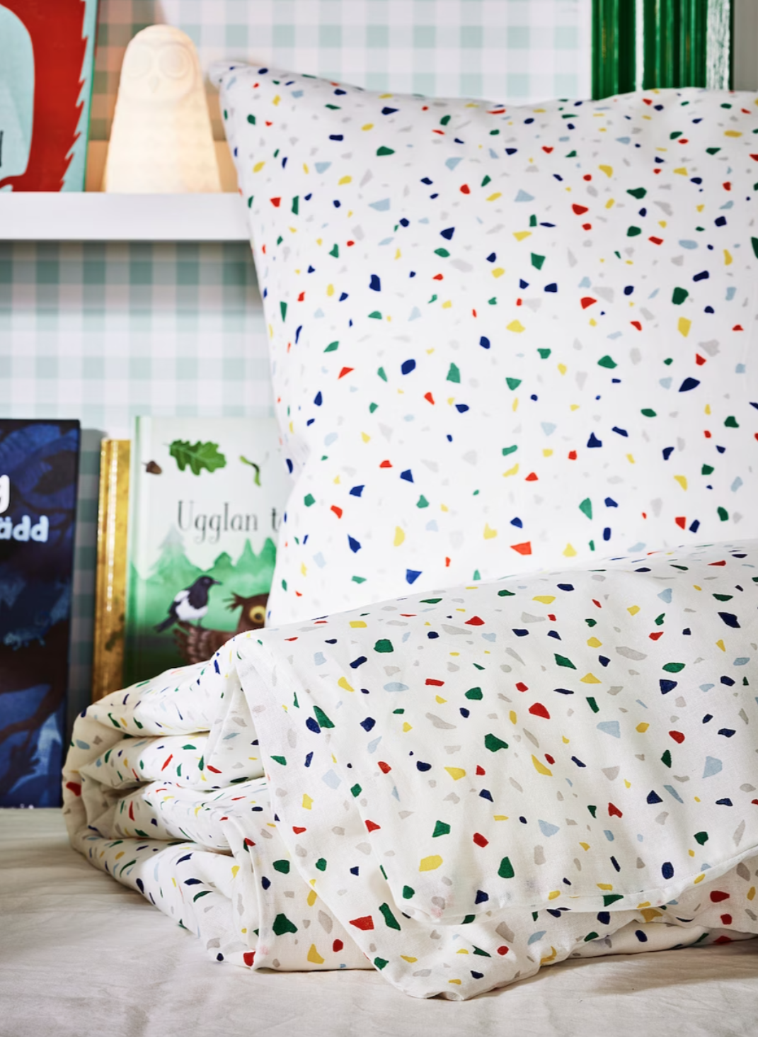 MOJLIGHET Duvet cover and pillowcase, white/mosaic patterned 150x200/50x80 cm