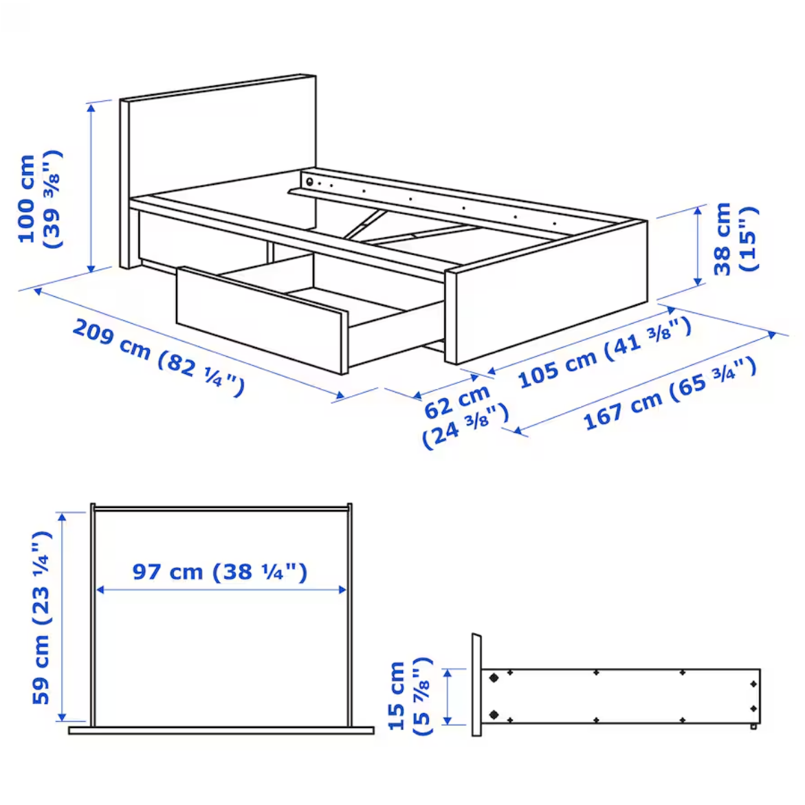 MALM Bed frame, high, w 2 storage boxes, white/Luröy, 90x200 cm