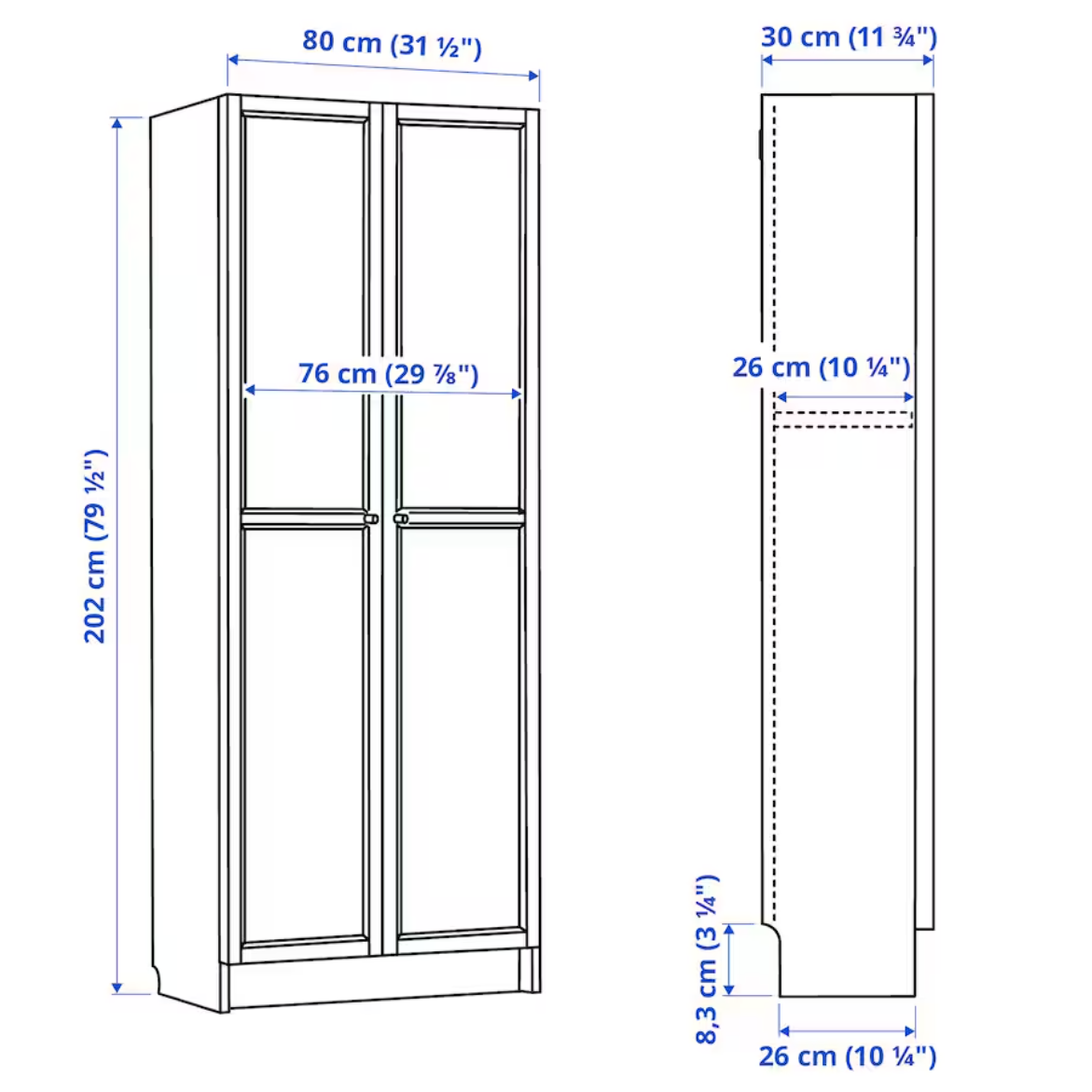 BILLY / HÖGADAL Bookcase with doors, white, 80x30x202 cm
