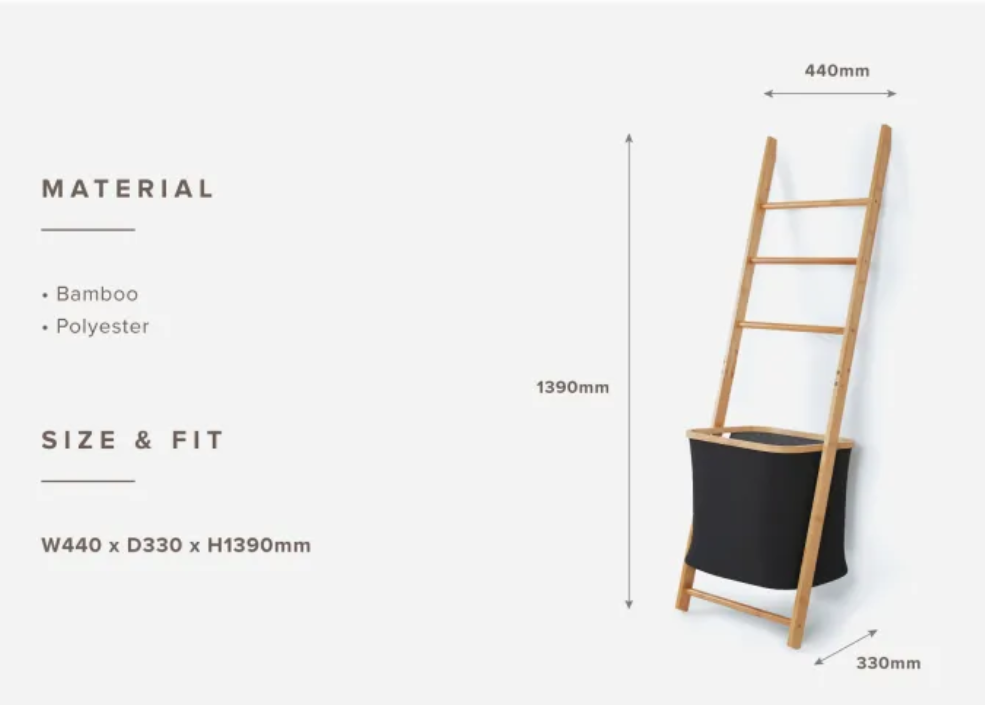BAMBOO Laundry Ladder with removable hamper - Black