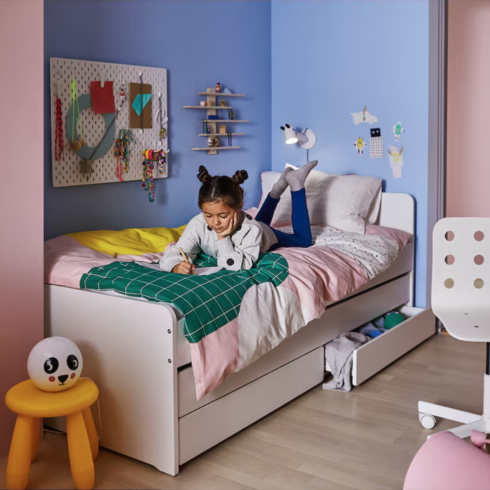 SLÄKT Bed frame with underbed and storage, white, 90x200 cm