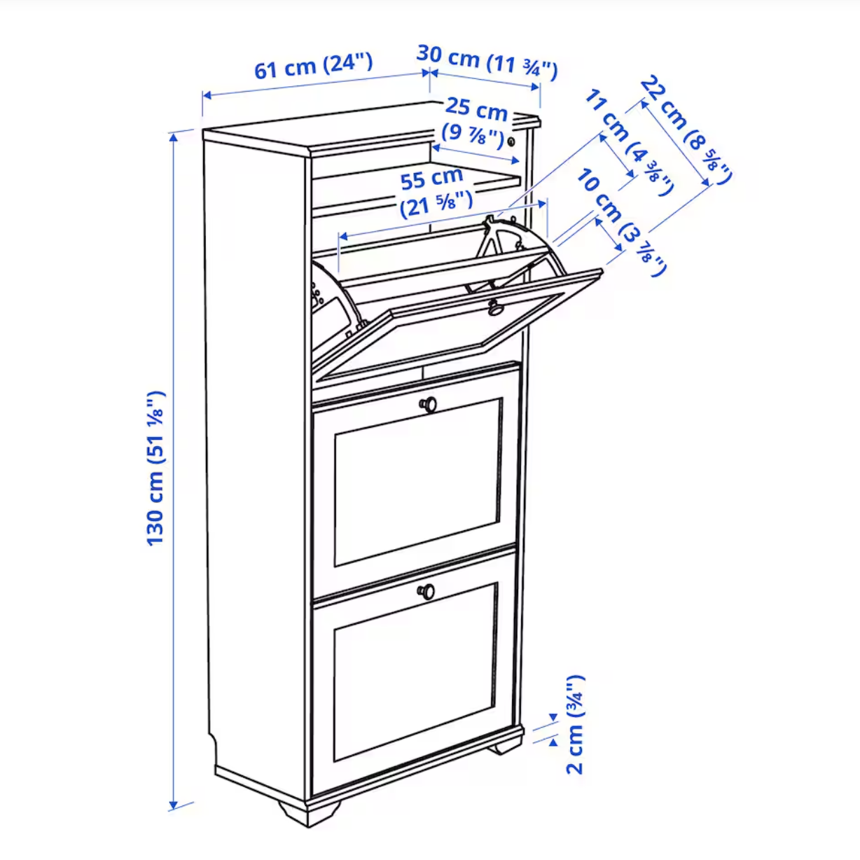 BRUSALI Shoe cabinet with 3 compartments, white, 61x30x130 cm