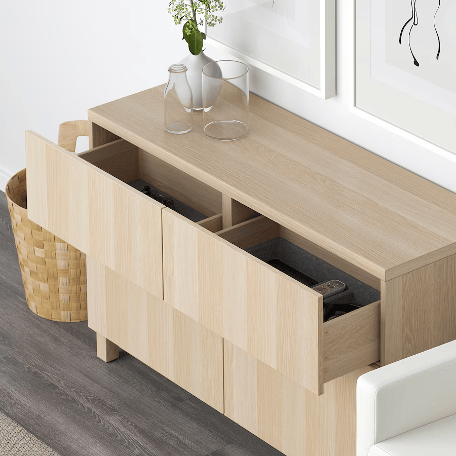 BESTA Storage combination w doors/drawers, white stained oak effect, 120x42x74 cm