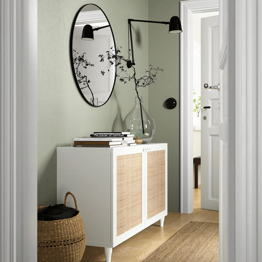 BESTA Storage combination with doors, white Studsviken/Kabbarp/white woven poplar, 120x42x74 cm