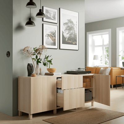 BESTA Storage combination with drawers, white stained oak effect, 180x42x74 cm