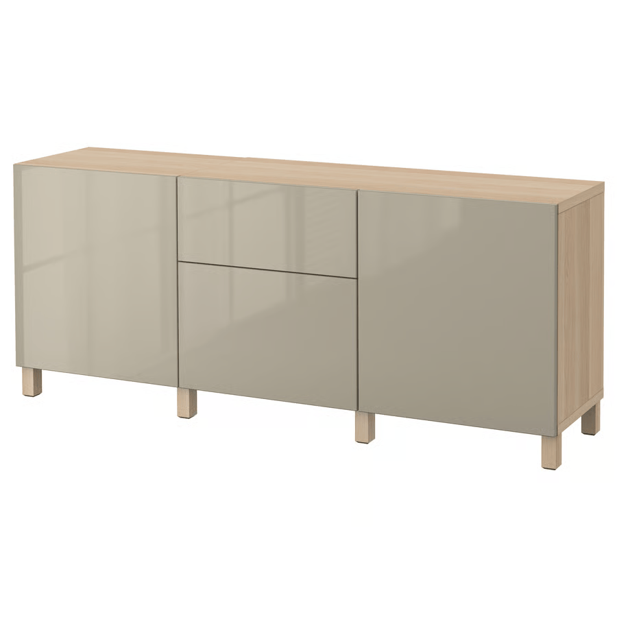 BESTA Storage combination with drawers, white stained oak/high-gloss/beige, 180x42x74 cm