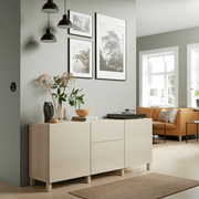 BESTA Storage combination with drawers, white stained oak/high-gloss/beige, 180x42x74 cm