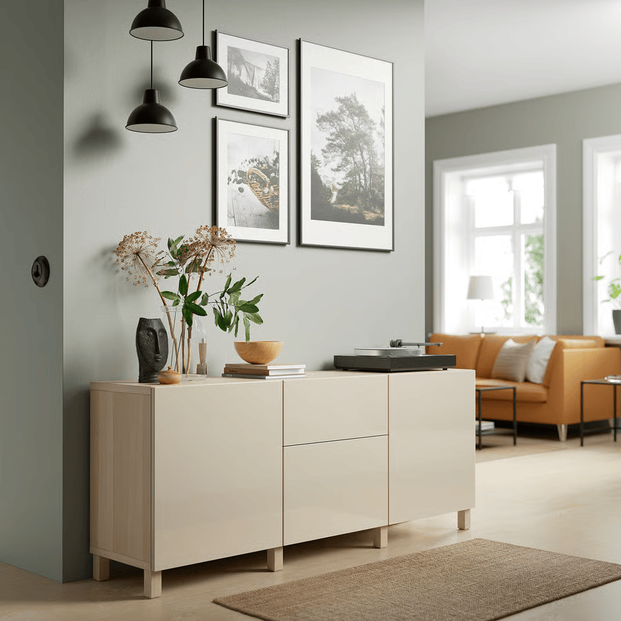 BESTA Storage combination with drawers, white stained oak/high-gloss/beige, 180x42x74 cm