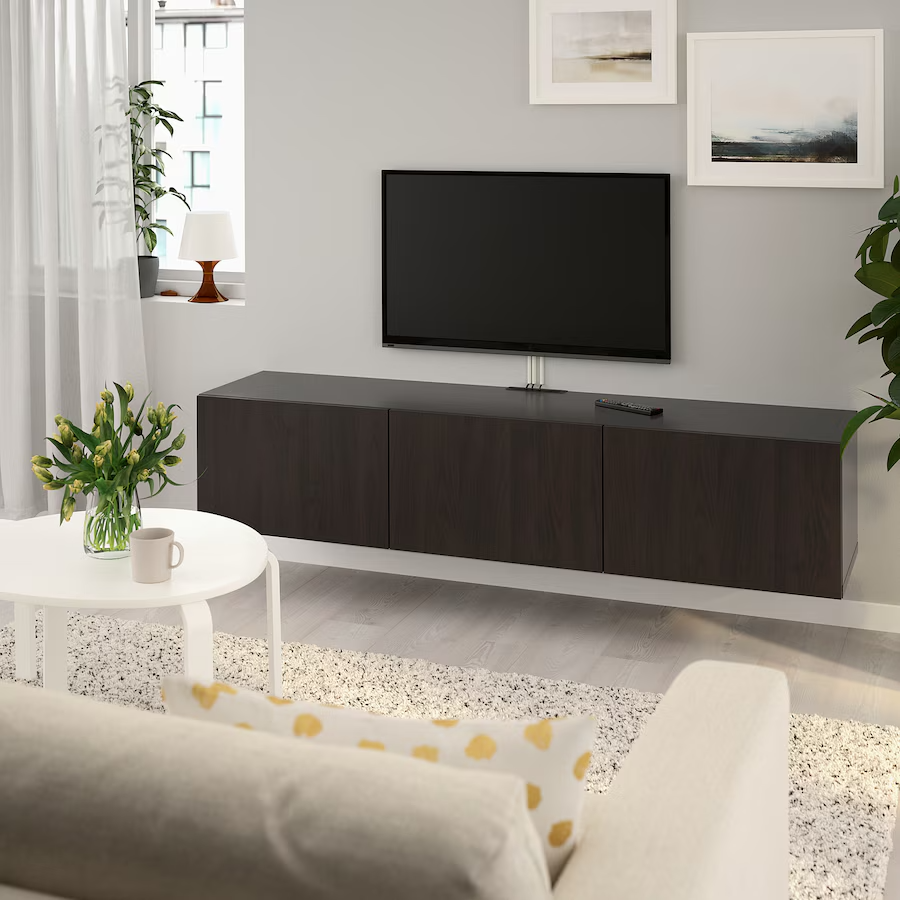 BESTA TV bench with doors, black-brown/Lappviken black-brown, 180x42x38 cm