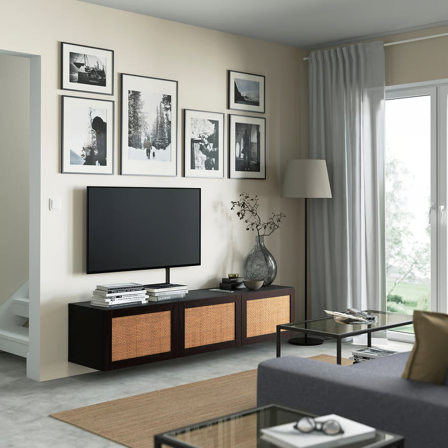 BESTA TV bench with doors, black-brown/Studsviken dark brown, 180x42x38 cm