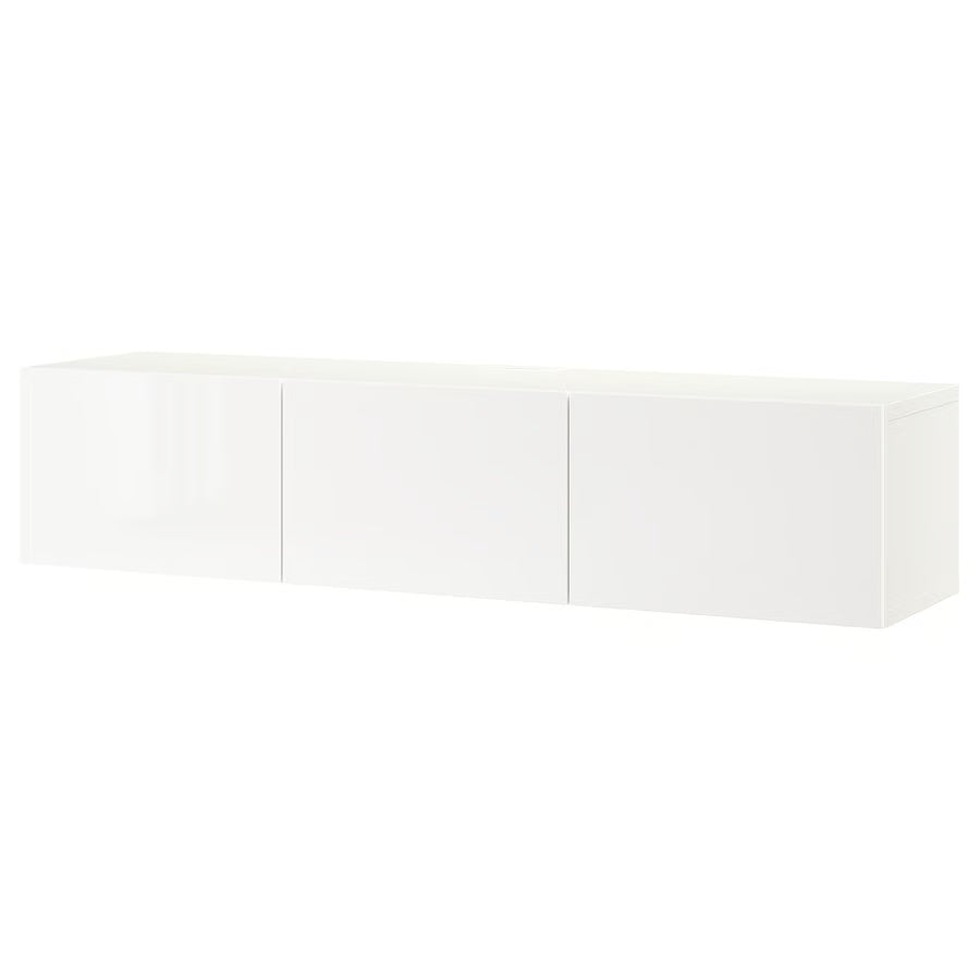 BESTA TV bench with doors, white/Selsviken high-gloss/white, 180x42x38 cm