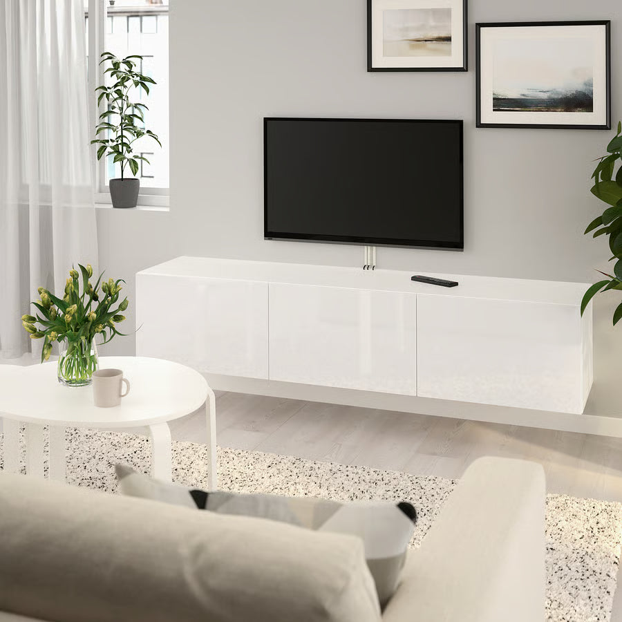 BESTA TV bench with doors, white/Selsviken high-gloss/white, 180x42x38 cm