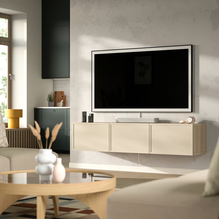 BESTA TV bench with doors, white stained oak effect/Krukmakare beige, 180x42x38 cm