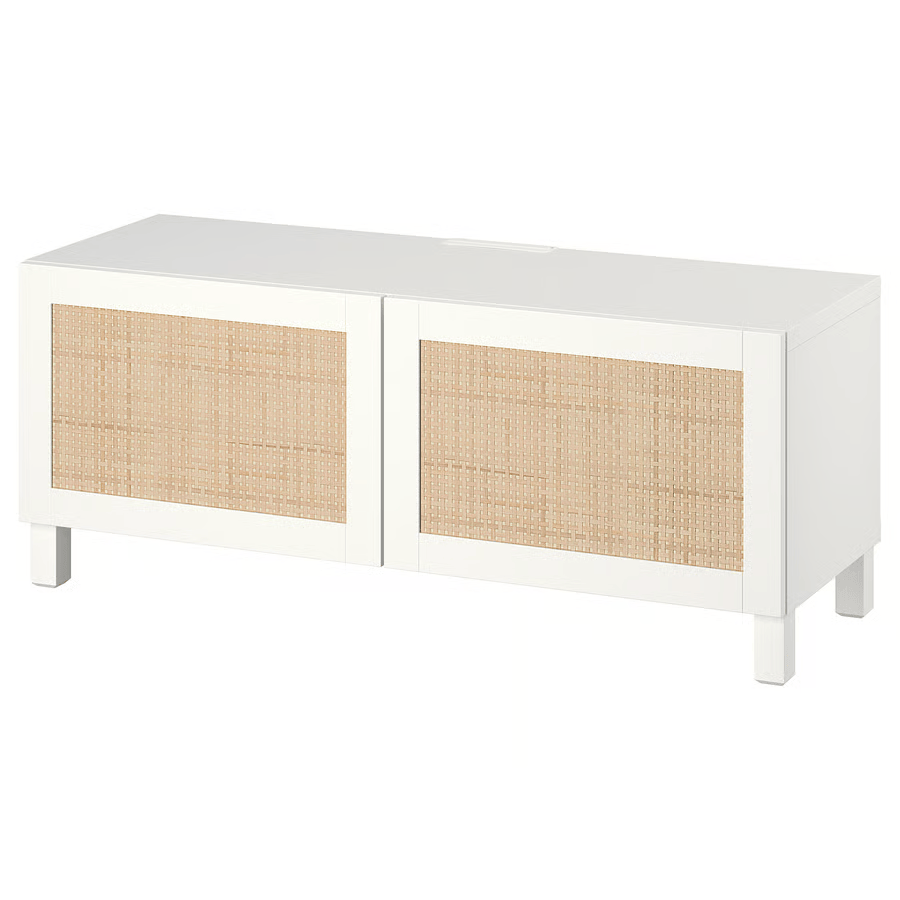BESTA TV bench with doors, white Studsviken, 120x42x48 cm
