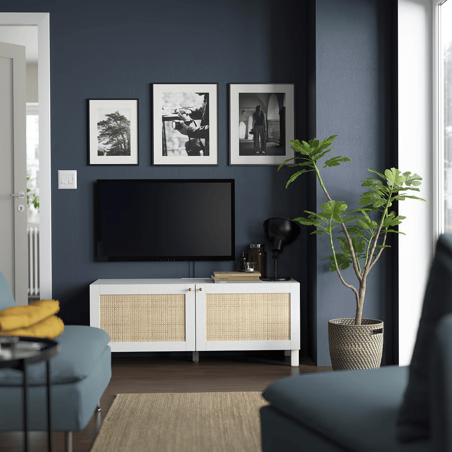 BESTA TV bench with doors, white Studsviken, 120x42x48 cm