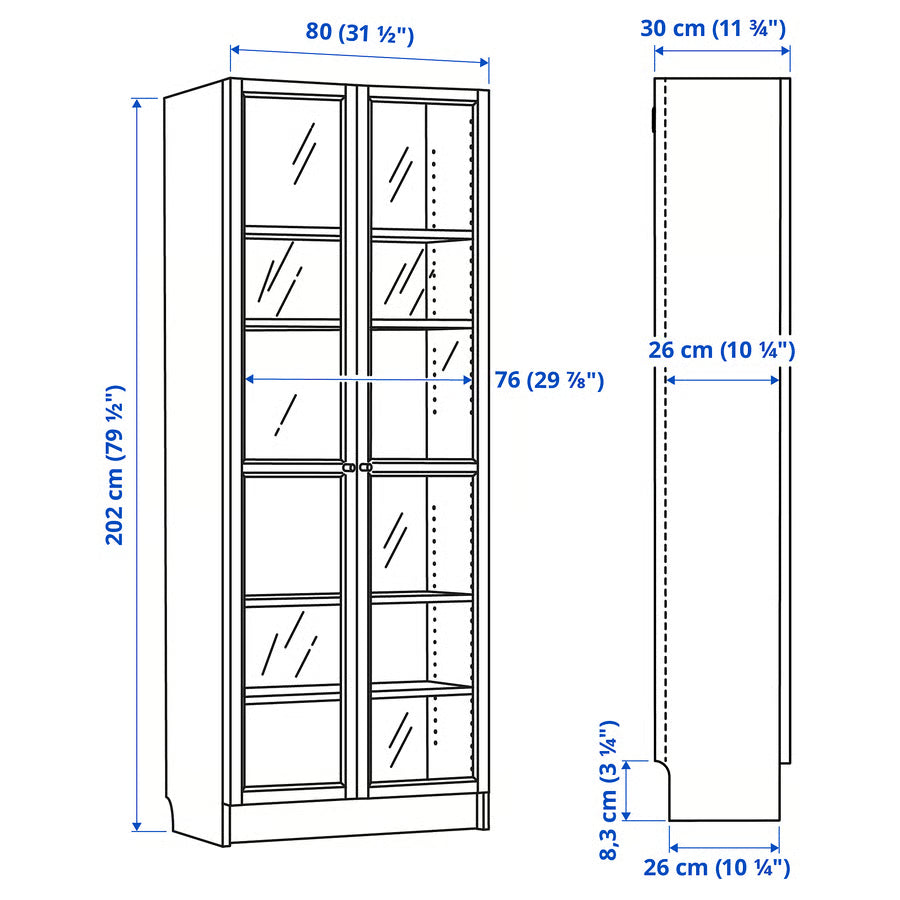 BILLY / OXBERG Bookcase with glass doors, white, 80x30x202 cm