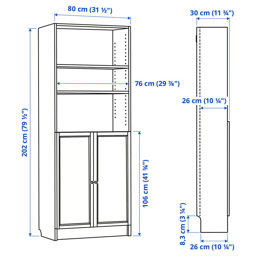 BILLY / OXBERG Bookcase with doors, brown walnut effect, 80x30x202 cm