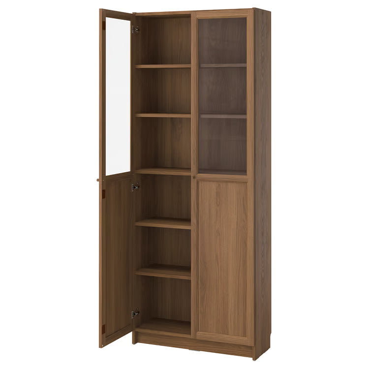 BILLY / OXBERG Bookcase with panel/glass doors, brown walnut effect, 80x30x202 cm