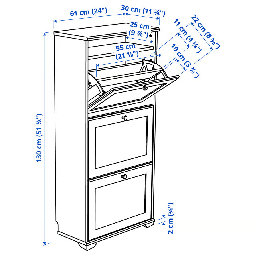 BRUSALI Shoe cabinet with 3 compartments, brown, 61x30x130 cm