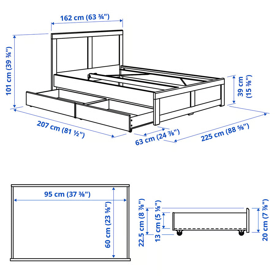 FAGELFJALLET Bed frame with 2 storage boxes, black oak effect, 150x200 cm